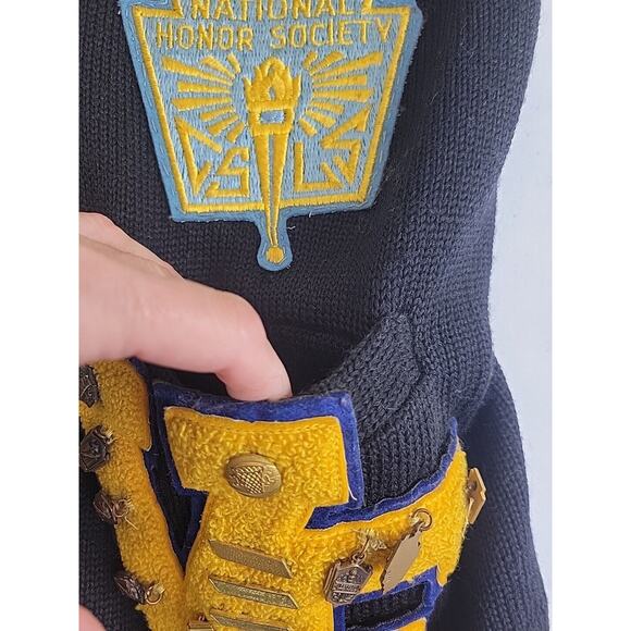 Vintage Academia Medals Puritan Natch Black Letterman Wool Sweater Mens Sz Small - Picture 16 of 16